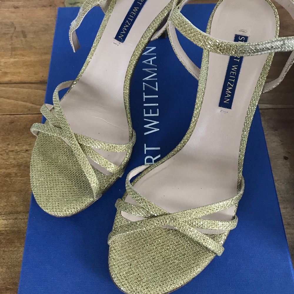 Stuart Weitzman Gold Sandal Dress Shoes (Open-Toe Heels)